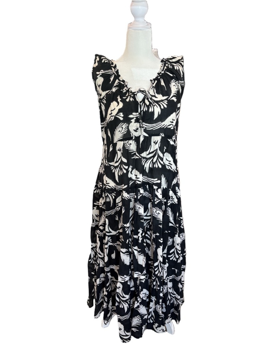 Lido cotton midi dress. Black white birds feathers tiered skirt OS ruffle sleeve - Picture 2 of 12